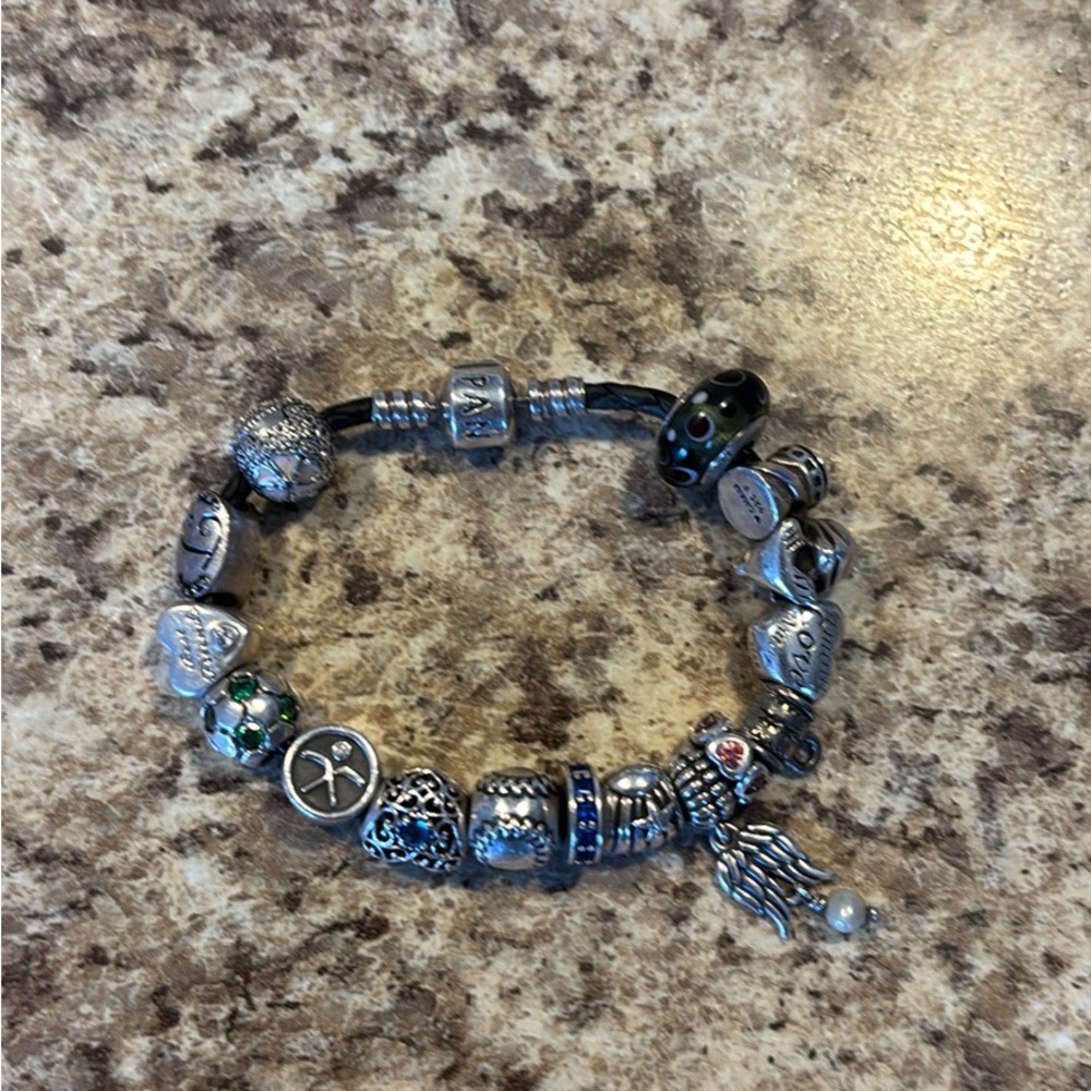 Pandora Silver and Green Charm Bracelet